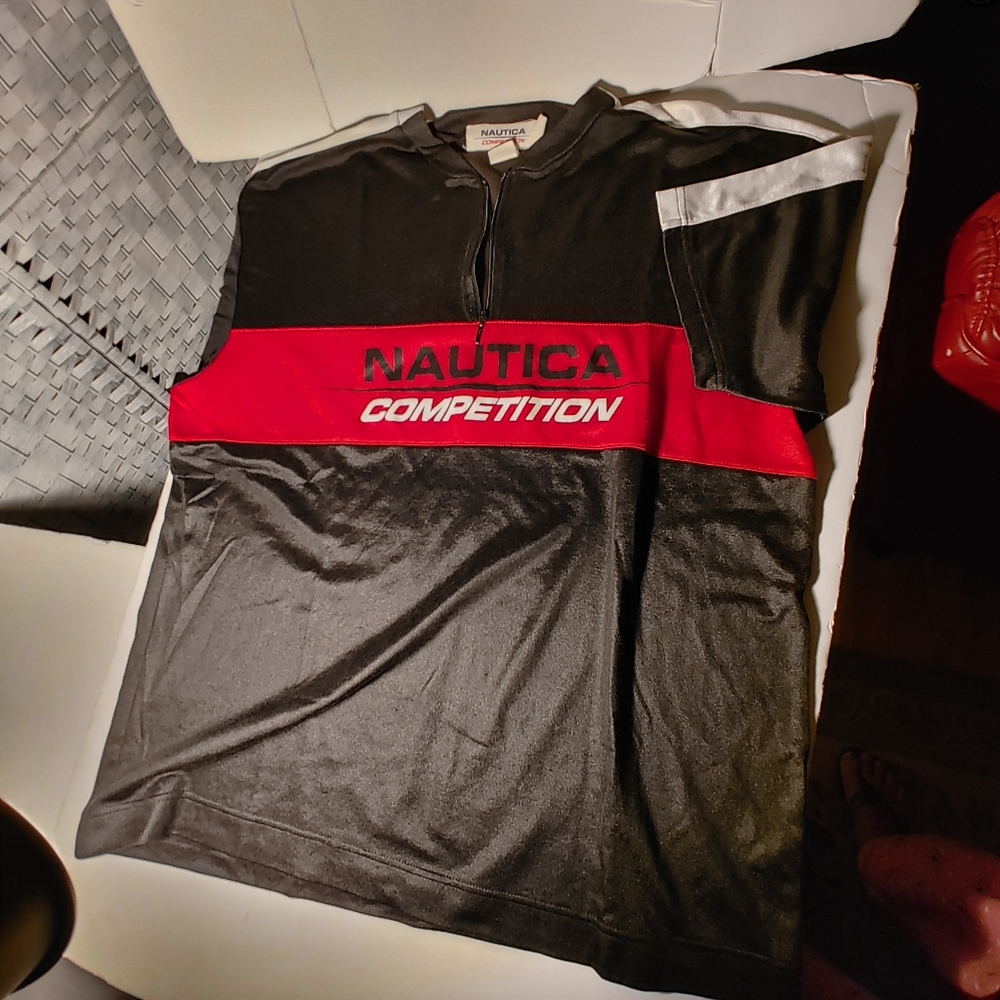 Vintage Nautica Competition Men's 1/4 Zip Up Shirt Size Large Black with Red
